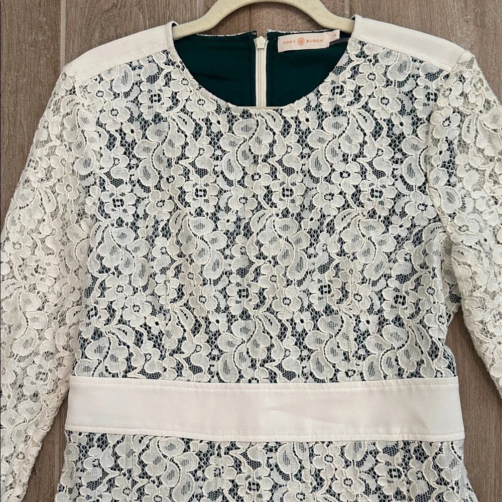 Elegant Tory Burch Lace Midi Dress with Green Pleat Accents